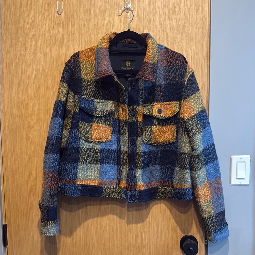 House of Harlow 1960 Cropped Blue and Orange Wool Blend Jacket